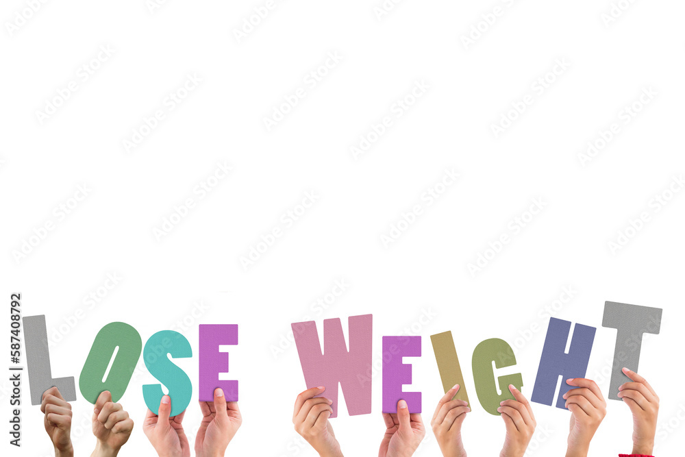 Colorful alphabet spelling lose weight held up by people Colorful alphabet spelling lose weight held up by people