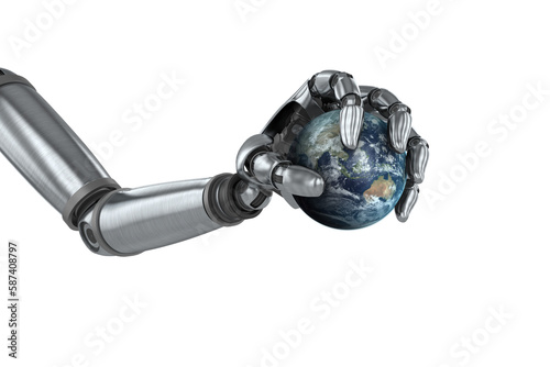 Chrome robotic hand holding earth