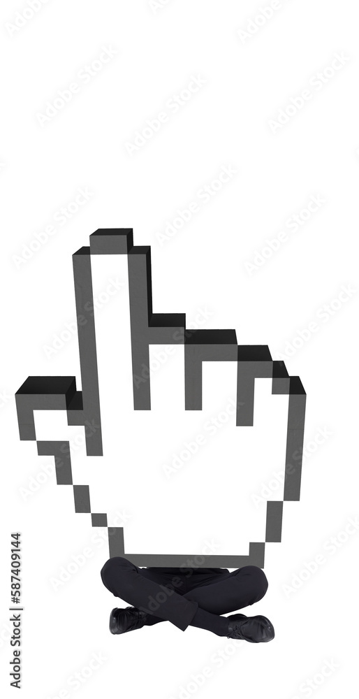 Computer cursor with man sitting crossed legs against white background Computer cursor with man sitting crossed legs against white background