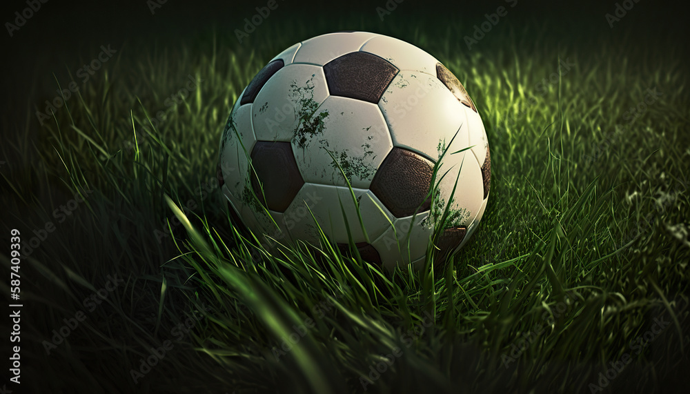 Fototapeta premium Soccer ball on the grass of a soccer field. Dirty leather soccer ball near puddle outdoors. 3D realistic illustration. Generative AI