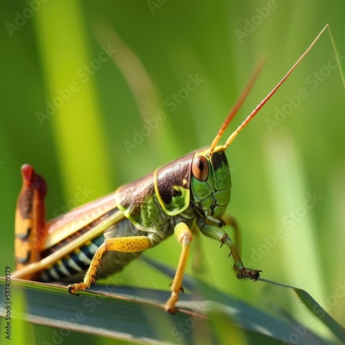 Green and Brown Grasshopper Perched on a Blade of Grass © Zachary