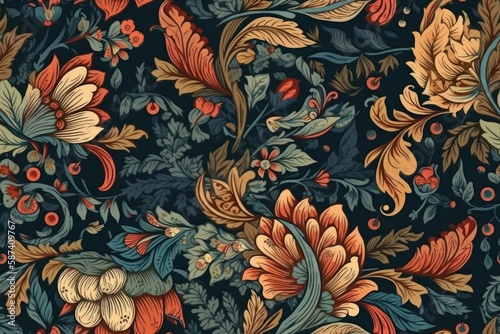 blue and orange floral wallpaper with leaves and flowers. Generative AI