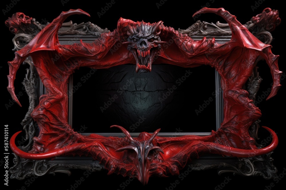 Grotesque demonic picture frame made of dragon skin and twisted muscle tissue. Generative AI. Grotesque demonic picture frame made of dragon skin and twisted muscle tissue. Generative AI.