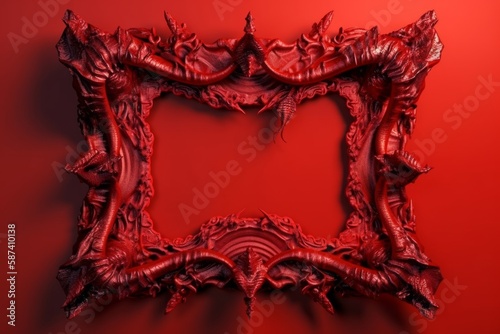 Grotesque demonic picture frame made of dragon skin and twisted muscle tissue. Generative AI.