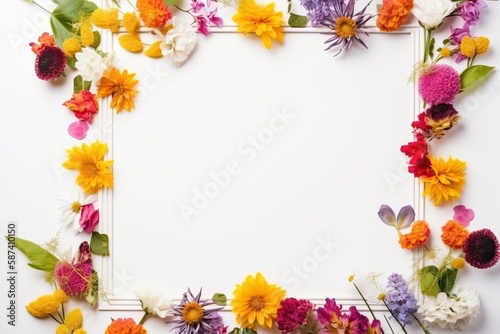 Spring themed frame concept template with spring flowers and space for text input. Flat lay. Generative AI.