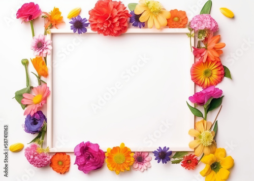 Spring themed frame concept template with spring flowers and space for text input. Flat lay. Generative AI.