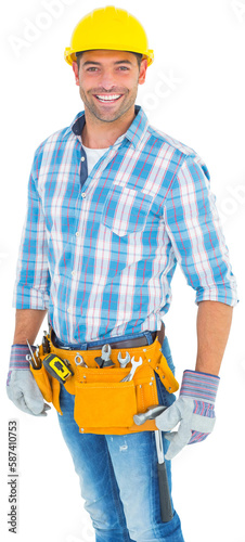 Portrait of smiling handyman wearing tool belt