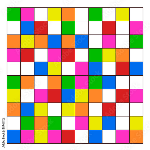 White background with a grid and colored squares. They are arranged in an orderly manner. There are blank grids.