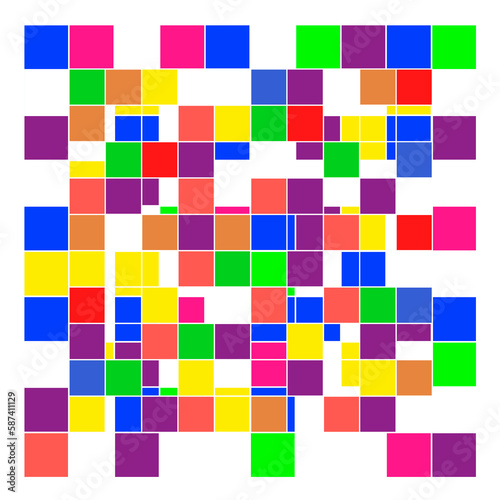 White background with colored squares and different bright colors, placed in a geometric way.