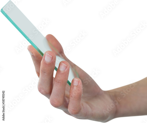 Cropped hand holding futuristic glass interface