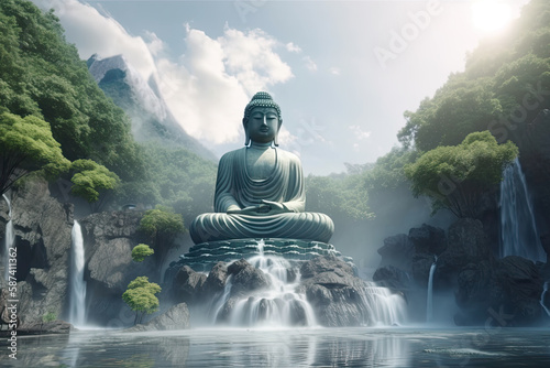 Photo a statue of buddha sits on a mountain top with clouds in the background Fototapeta