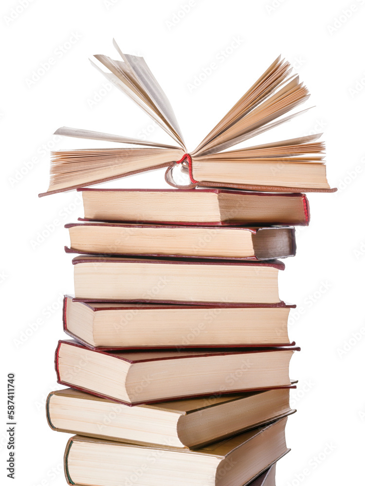 Large books pile with single open book on it isolated png with transparency
