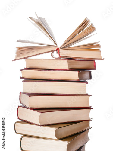 Obraz na płótnie Large books pile with single open book on it isolated png with transparency w salonie