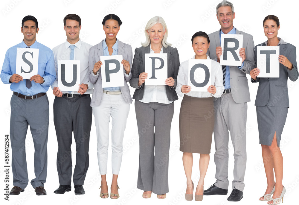 Smiling business people holding support sign Smiling business people holding support sign