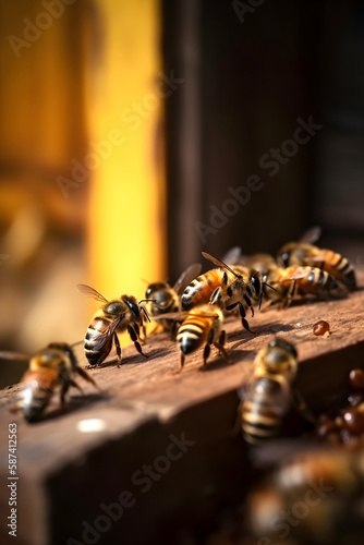 Honey bees sitting on the entrance to the hive. Beekeping concept. Generative AI