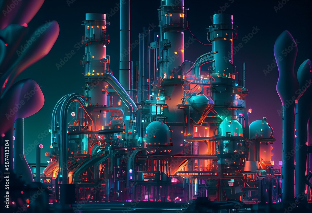 A brightly lit chemical factory is pictured at night, with colourful neon lights. The