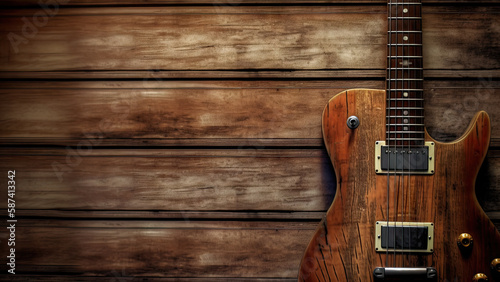 A guitar on wooden background, music poster with copy space - Generative AI
