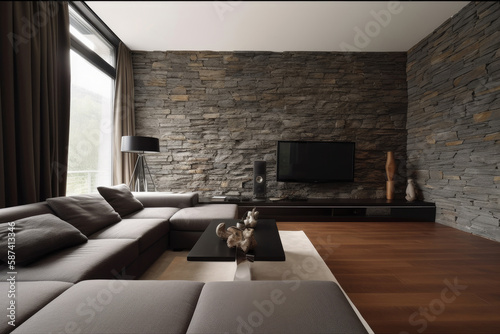 Modern living room and rock wall with interior styles and Home decoration mock up  large windows with nature view for relaxation room  Modern design background with Generative AI.