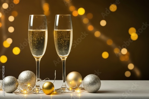 champagne glasses and christmas decorations, two glass glasses filled with champagne with decorations on a melamine table