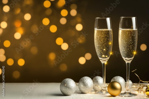 champagne and christmas decorations, capture the joy and glamor of the celebrations with this photo of two glasses of champagne