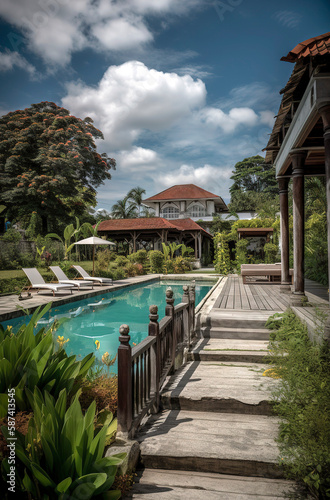 Generative AI illustration of luxury pool and green of colonial - style porch with sofas, tables and chairs made of natural wood © Eduardo Lopez