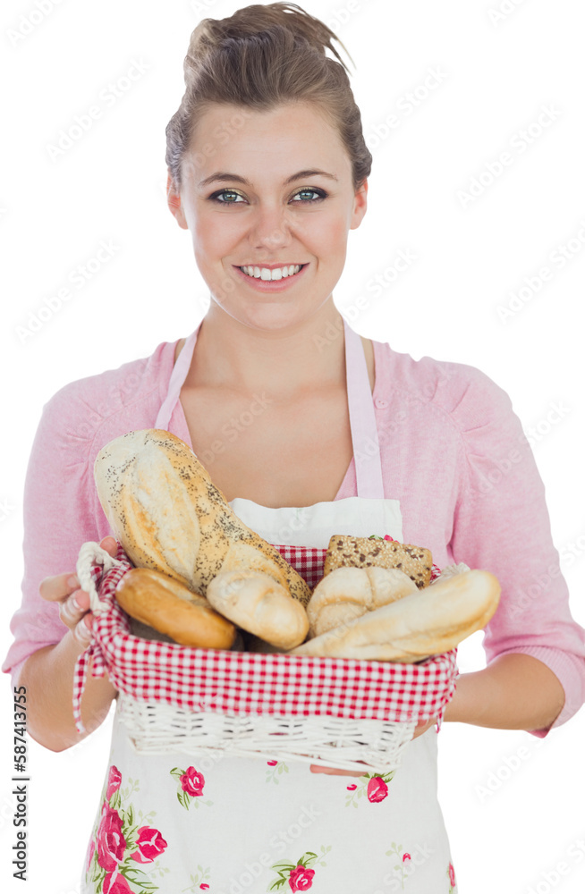 Portrait of happy maid holding bread in basket Portrait of happy maid holding bread in basket