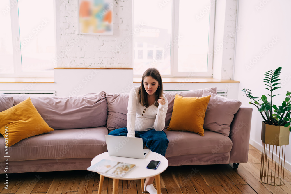 Pregnant woman using laptop in living room Pregnant woman using laptop in living room