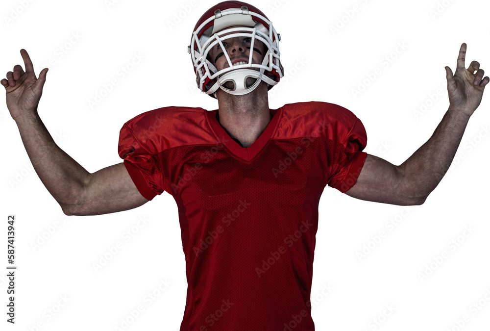 Rugby player pointing up and cheering