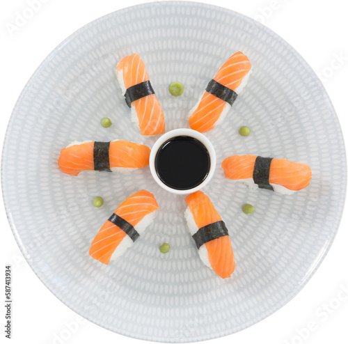 Overhead view of salmon sushi served in plate