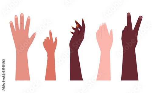 Set of different isolated flat female, male and children hands. Vector cartoon collection.