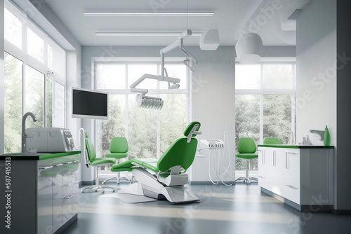 Modern dentist s office with chair. Super photo realistic background  generative ai illustration