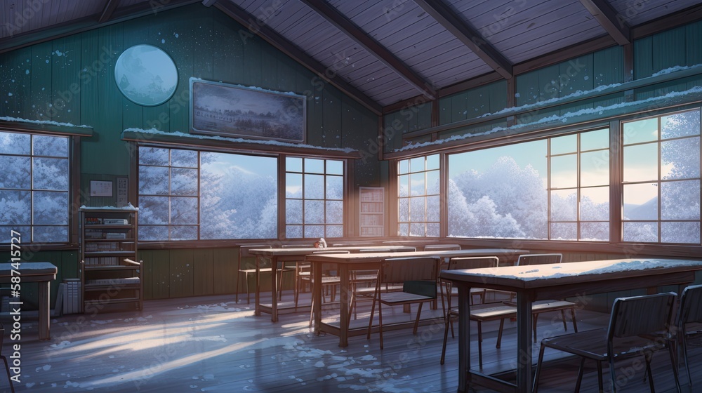 High quality 2D anime classroom background, winter vibe, Generative AI