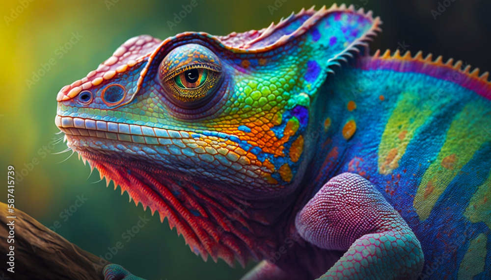 Obraz premium Colorful chameleon, on nature background, close up. Generative AI
