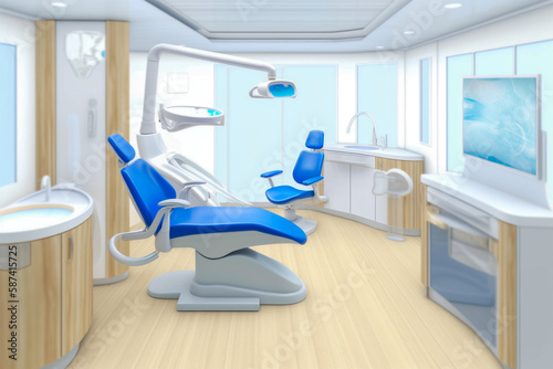 Modern dentist's office with chair. Super photo realistic background, generative ai illustration © Anna