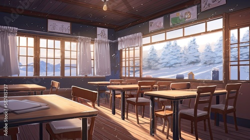High quality 2D anime classroom background, winter vibe, Generative AI © Wevan Graphic