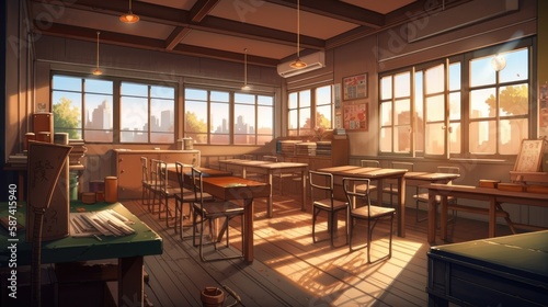 High quality 2D anime classroom background  summer vibe  Generative AI