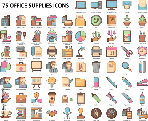 75 Office Supplies Icons Set