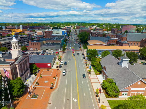 Historic commercial buildings aerial view on Main Street in historic downtown Nashua, New Hampshire NH, USA. photo