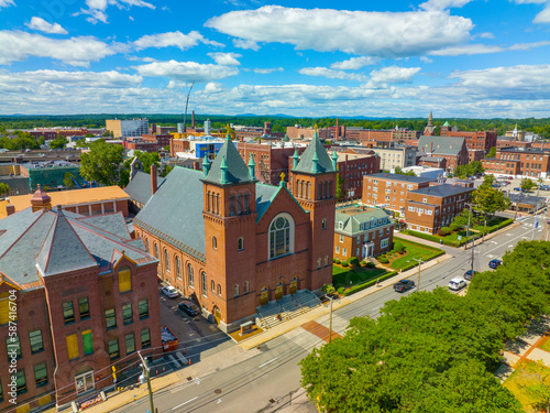 Quadro su tela Saint Patricks Roman Catholic Church aerial view at 29 Spring Street in historic downtown Nashua, New Hampshire NH, USA