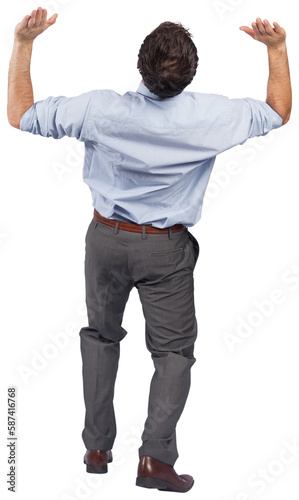 Businessman posing with arms raised
