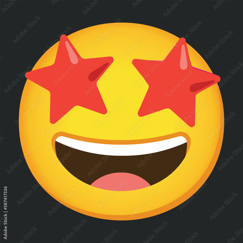 Obraz premium Star Struck. Yellow face with a broad, open smile, showing upper teeth with stars for eyes vector icon emoji. Isolated amazing, fascinating, impressive, exciting symbol sign design.
