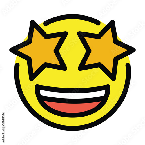 Star Struck. Yellow face with a broad, open smile, showing upper teeth with stars for eyes vector icon emoji. Isolated amazing, fascinating, impressive, exciting symbol sign design.