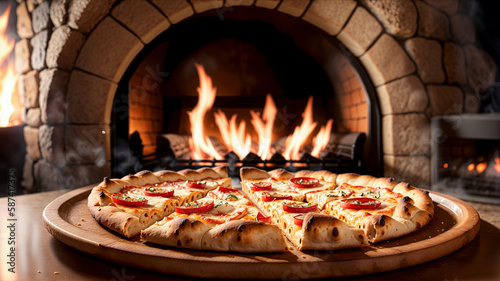 closeup of a slice of delicious cheese pizza in front of a stone oven, generative AI