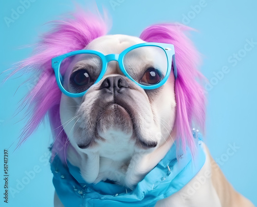 Pug dog with fashionable dressing, wearing sunglasses © ZayNyi