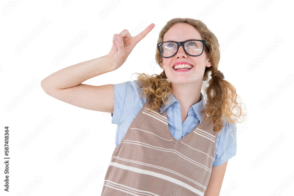 Geeky hipster woman pointing up Geeky hipster woman pointing up