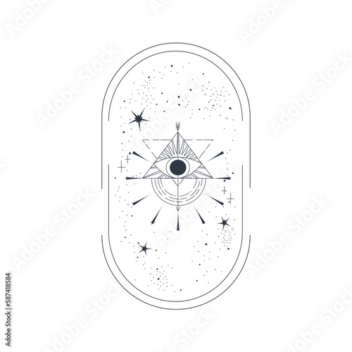 Celestial Esoteric Frame with pyramid eye isolated. Bohemian celestial arch with star and trangle. Mystic element simple vector illustration. Boho arch geometry eye.