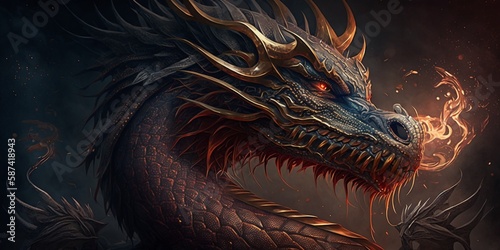 Fantasy Dragon with fire, symbol of 2024. Lunar New Year, Traditions of the Chinese Zodiac. Generative AI