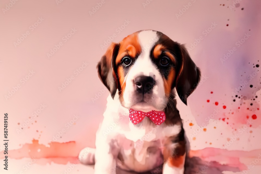 Cute watercolor illustration of a puppy with hearts. generative AI.