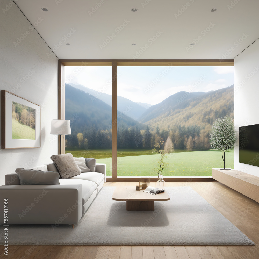 Fototapeta premium Minimal modern interior living room, with view on beautiful mountains. Generative AI
