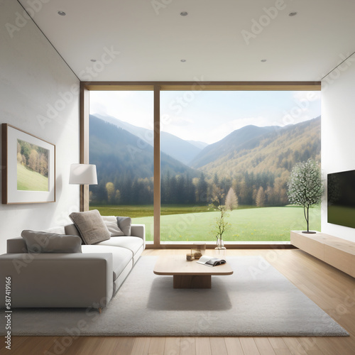 Minimal modern interior living room  with view on beautiful mountains. Generative AI
